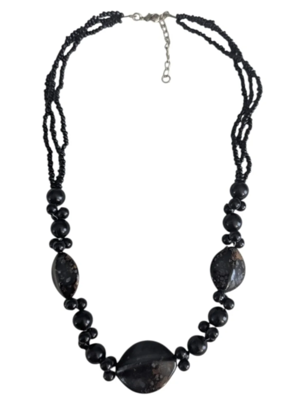VTG Artisan Black & Black Brown Marbized Beaded Silver Tone Adjustable Necklace